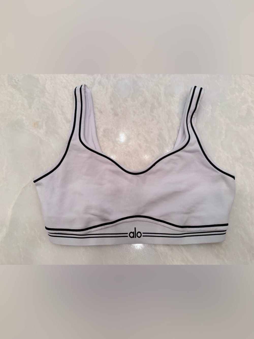 ALO Yoga airbrush heartthrob White Sports Bra with Black Trim